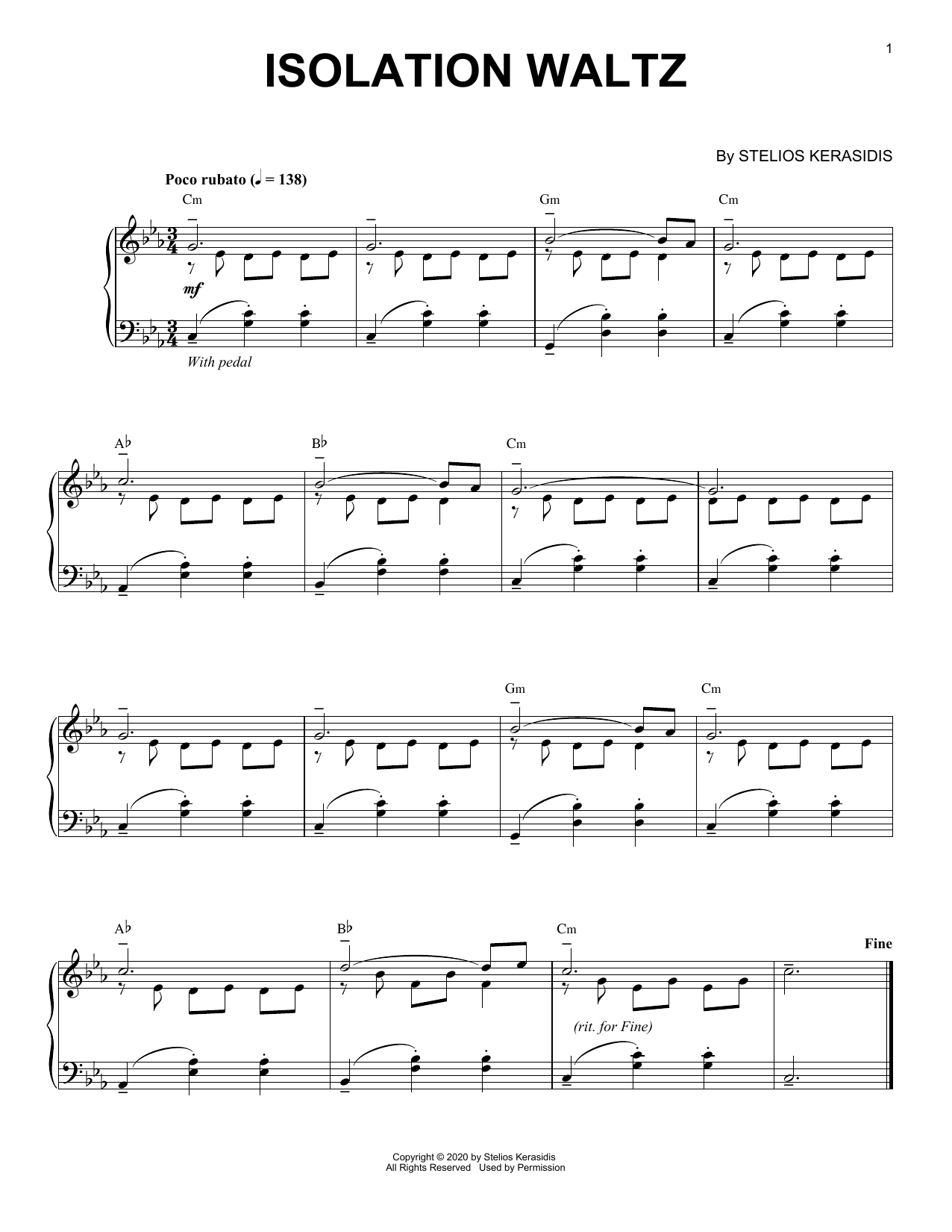 Stelios Kerasidis Isolation Waltz Sheet Music Notes & Chords for Piano Solo - Download or Print PDF