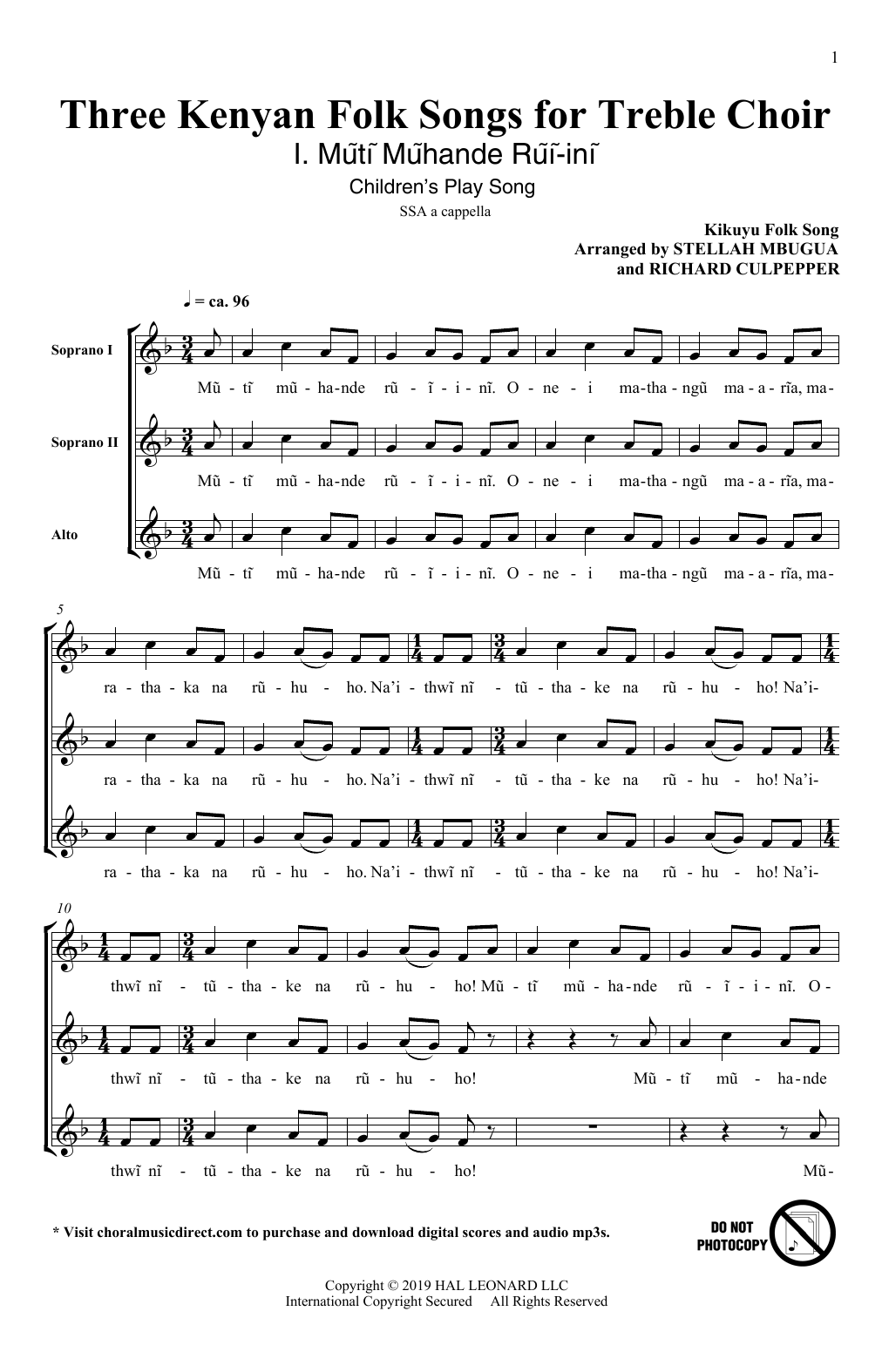 Stellah Mbugua and Richard Culpepper Three Kenyan Folksongs for Treble Choir Sheet Music Notes & Chords for SSA Choir - Download or Print PDF