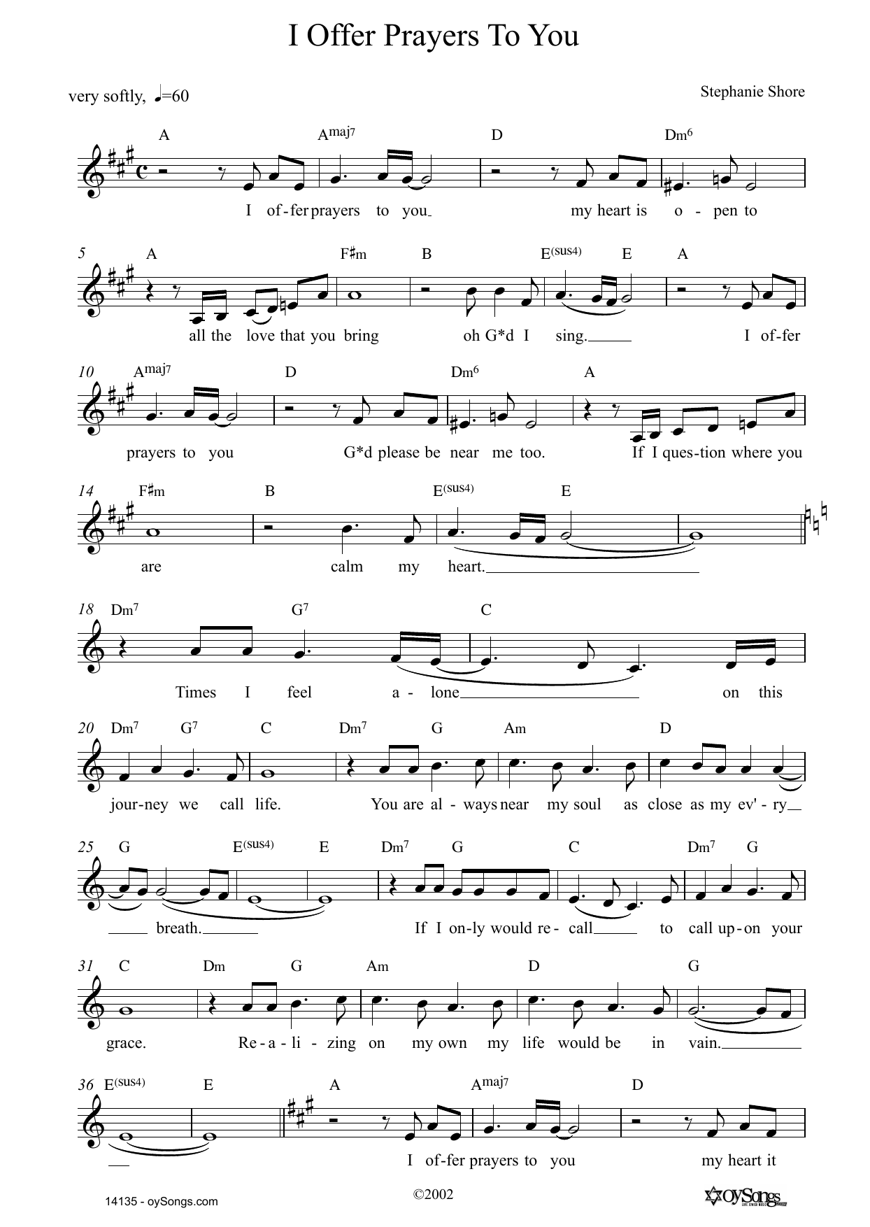 Stephanie Shore I Offer Prayers To You Sheet Music Notes & Chords for Lead Sheet / Fake Book - Download or Print PDF