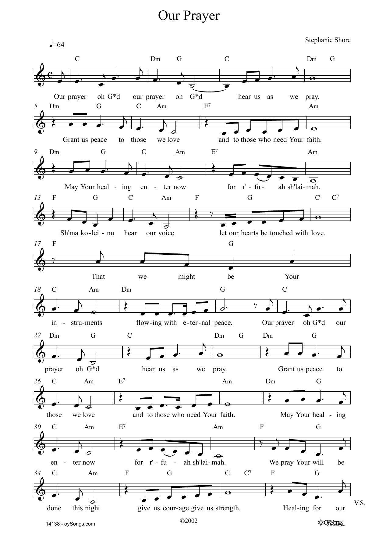 Stephanie Shore Our Prayer Sheet Music Notes & Chords for Lead Sheet / Fake Book - Download or Print PDF