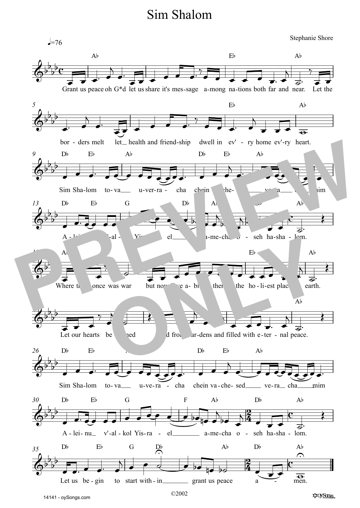 Stephanie Shore Sim Shalom Sheet Music Notes & Chords for Lead Sheet / Fake Book - Download or Print PDF