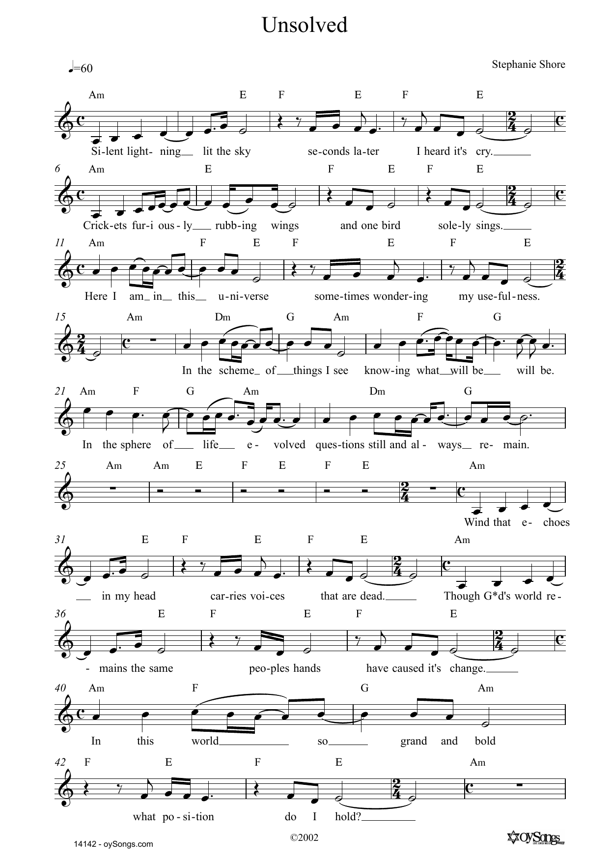 Stephanie Shore Unsolved Sheet Music Notes & Chords for Lead Sheet / Fake Book - Download or Print PDF