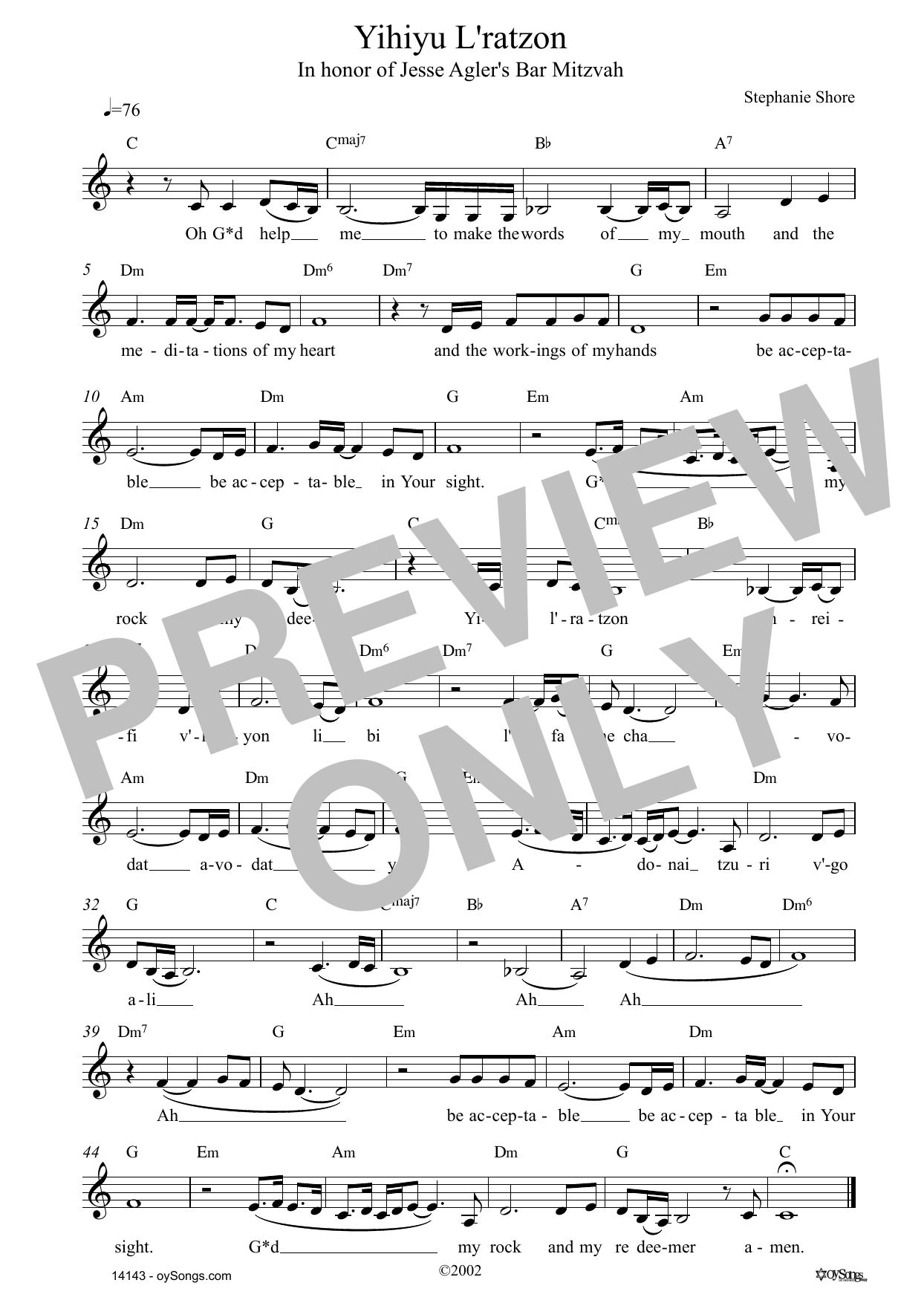 Stephanie Shore Yihiyu L'ratzon Sheet Music Notes & Chords for Lead Sheet / Fake Book - Download or Print PDF