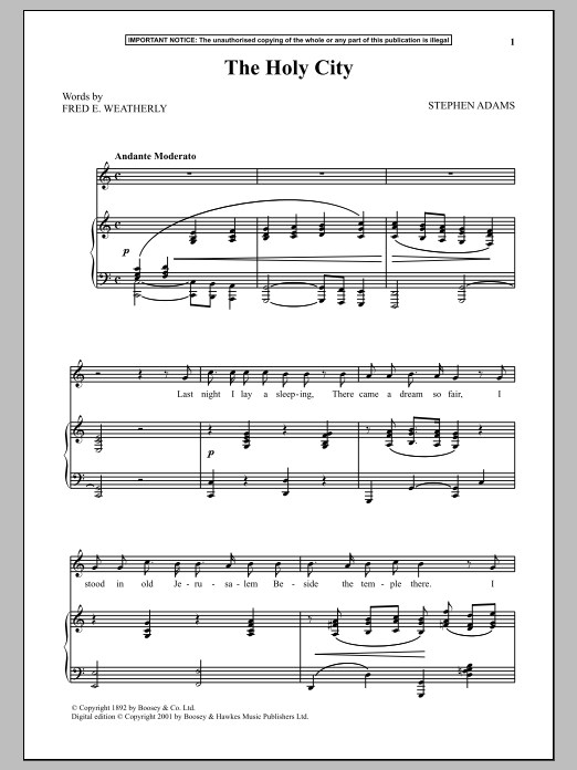 Stephen Adams The Holy City Sheet Music Notes & Chords for Piano & Vocal - Download or Print PDF