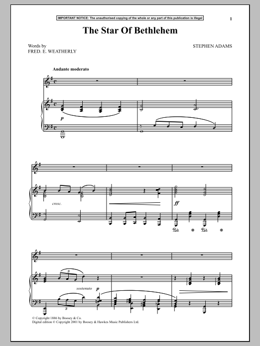 Stephen Adams The Star Of Bethlehem Sheet Music Notes & Chords for Piano & Vocal - Download or Print PDF