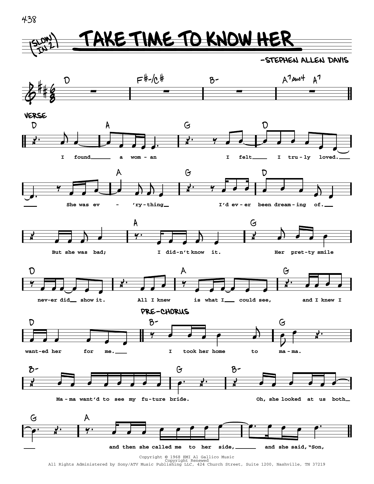 Stephen Allen Davis Take Time To Know Her Sheet Music Notes & Chords for Real Book – Melody & Chords - Download or Print PDF