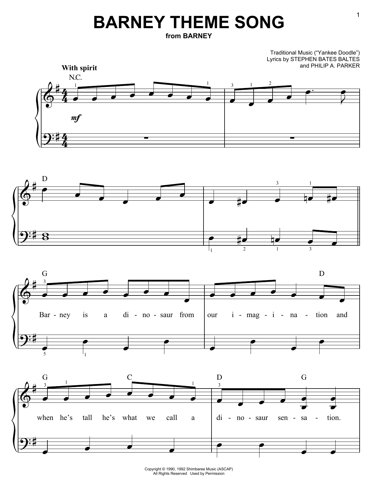 Stephen Bates Baltes and Philip A. Parker Barney Theme Song (from Barney) Sheet Music Notes & Chords for Easy Piano - Download or Print PDF