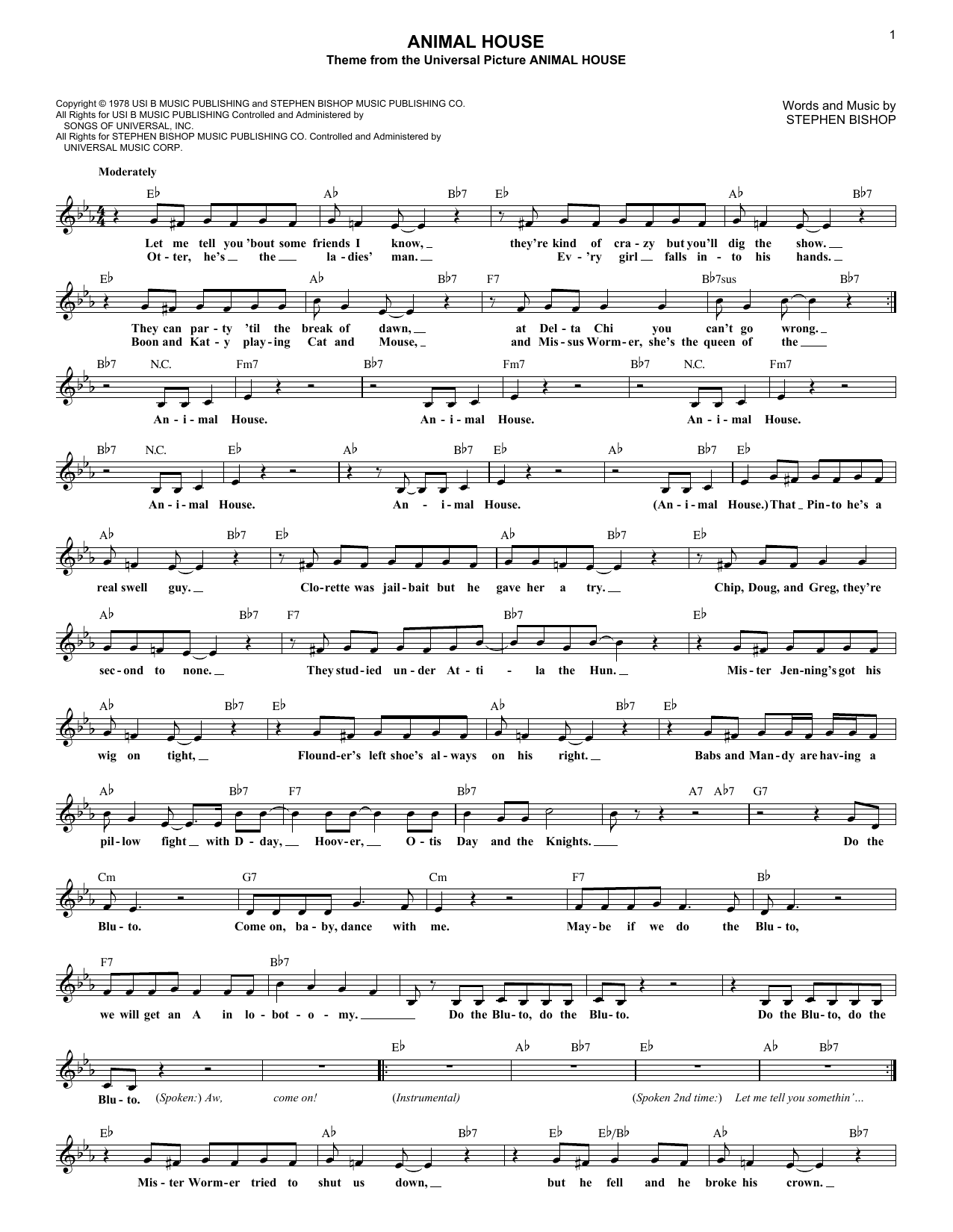 Stephen Bishop Animal House Sheet Music Notes & Chords for Melody Line, Lyrics & Chords - Download or Print PDF
