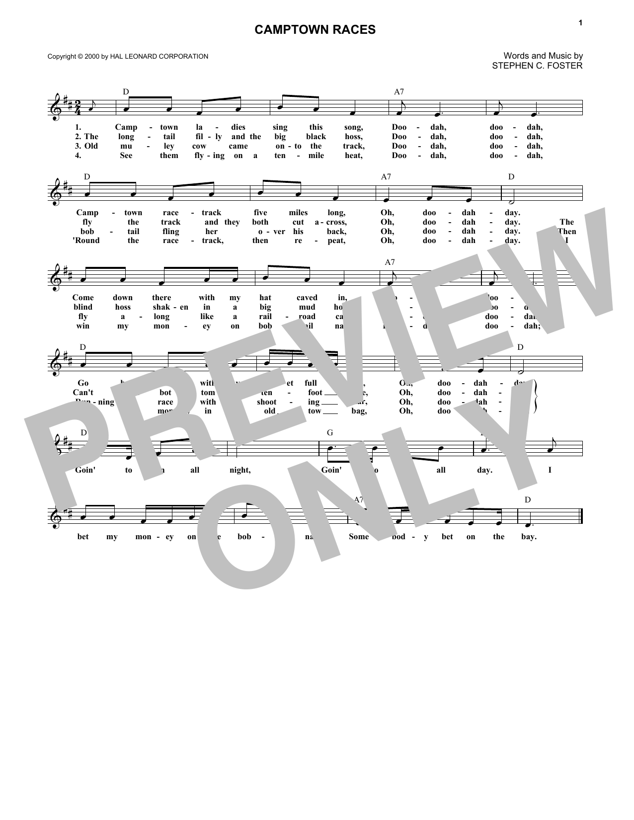 Stephen C. Foster Camptown Races Sheet Music Notes & Chords for Melody Line, Lyrics & Chords - Download or Print PDF