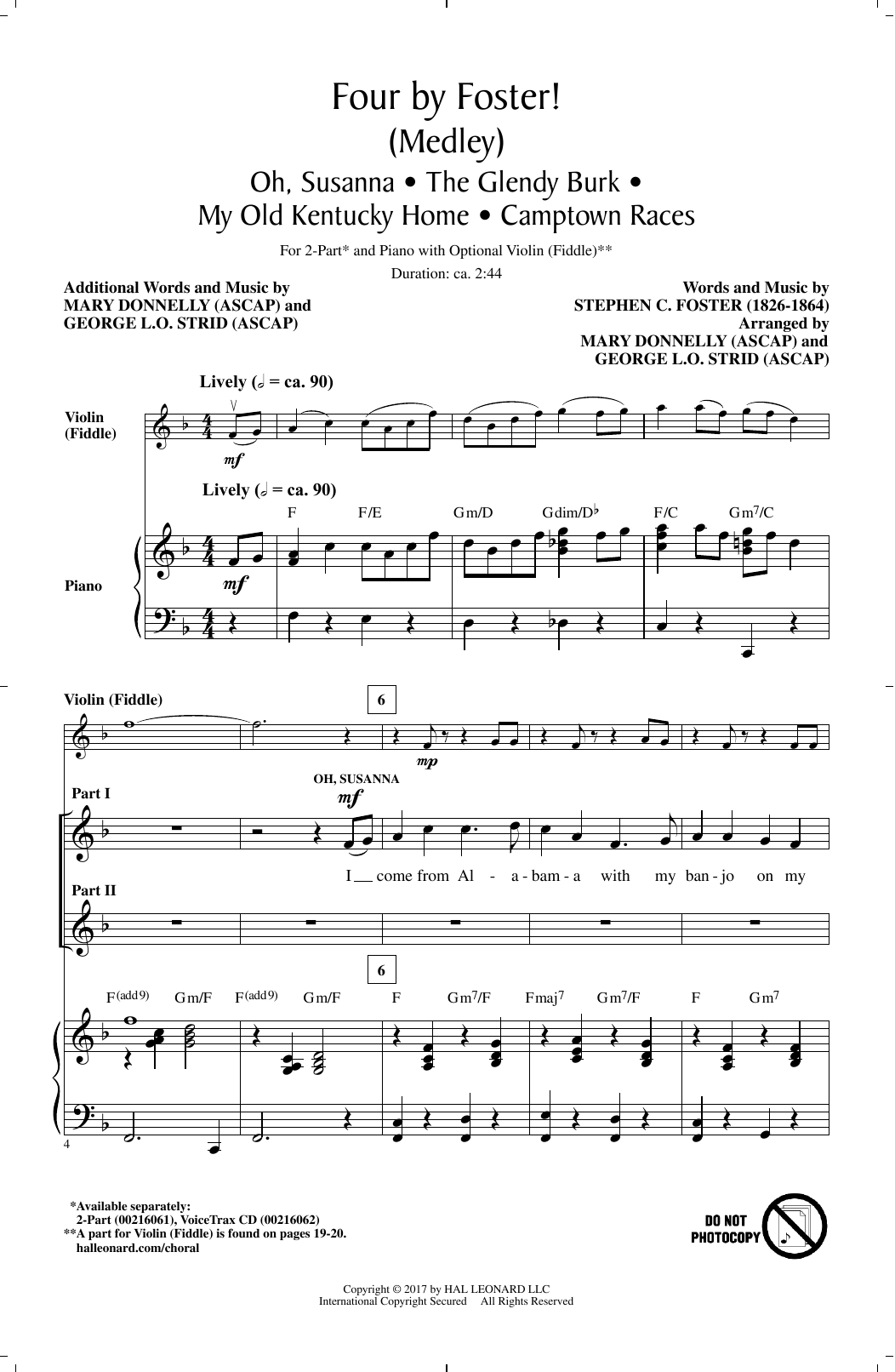 Stephen C. Foster Four by Foster! (Medley) (arr. Mary Donnelly and George L.O. Strid) Sheet Music Notes & Chords for 2-Part Choir - Download or Print PDF