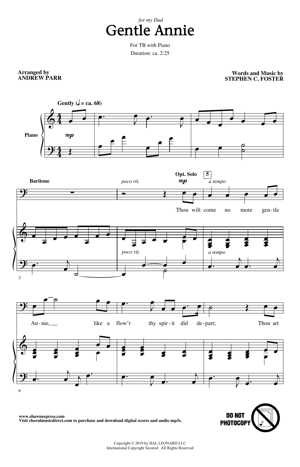 Stephen C. Foster Gentle Annie (arr. Andrew Parr) Sheet Music Notes & Chords for TB Choir - Download or Print PDF