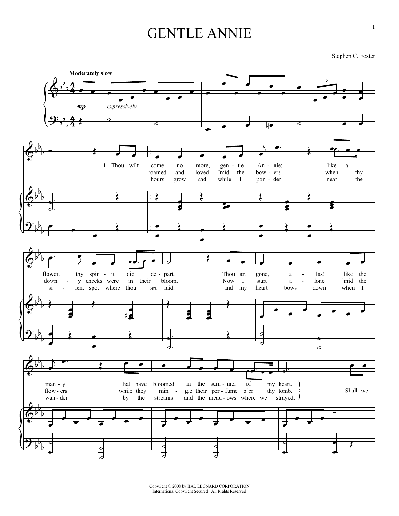 Stephen C. Foster Gentle Annie Sheet Music Notes & Chords for Piano & Vocal - Download or Print PDF