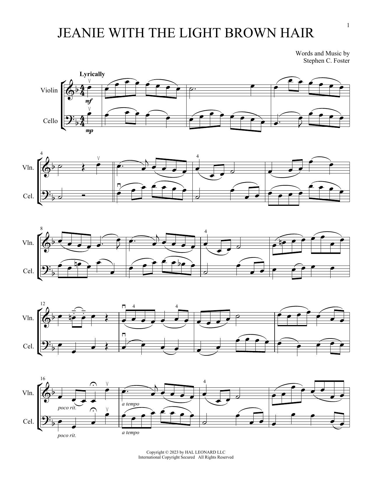 Stephen C. Foster Jeanie With The Light Brown Hair (arr. Michelle Hynson) Sheet Music Notes & Chords for Instrumental Duet - Download or Print PDF