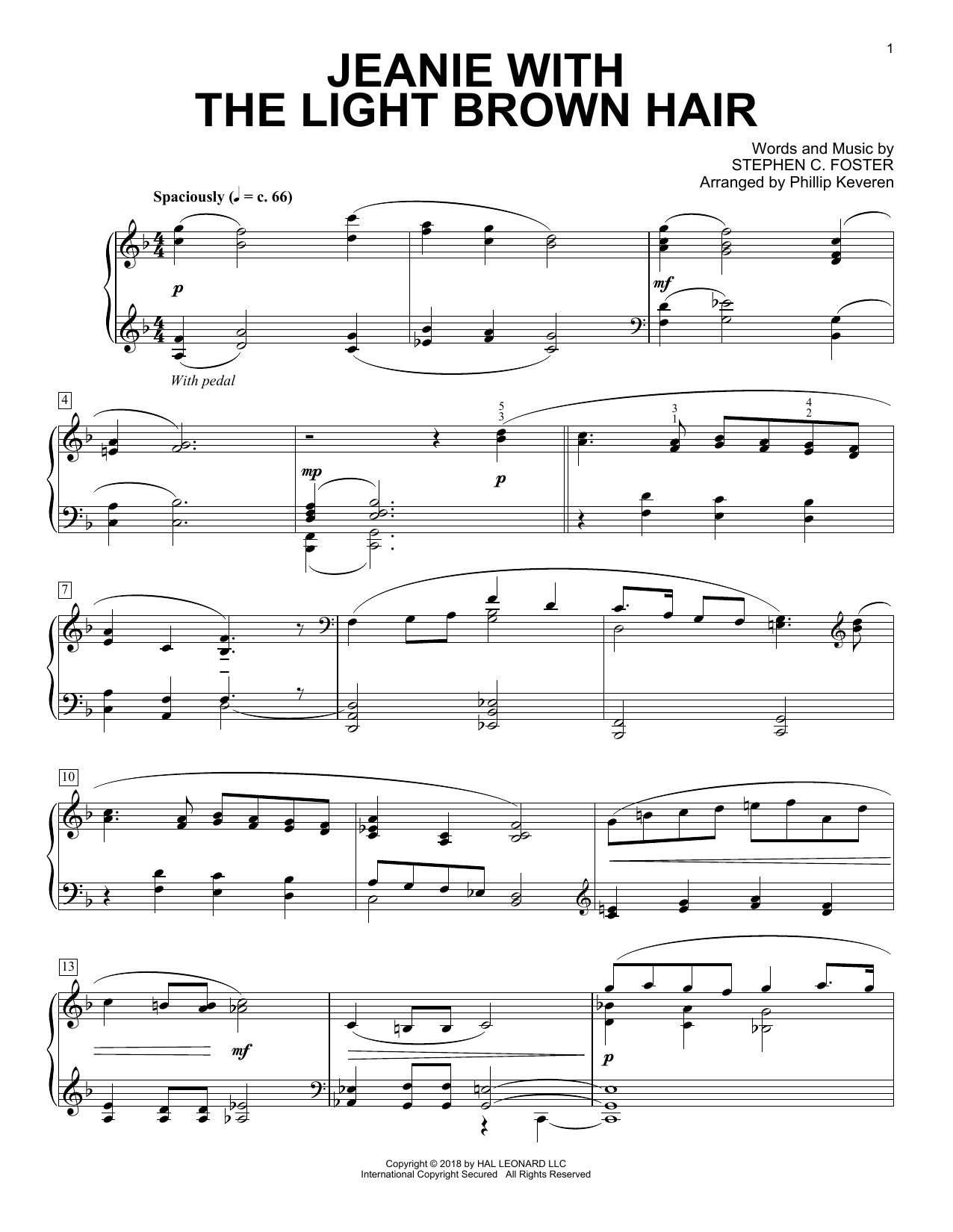 Stephen C. Foster Jeanie With The Light Brown Hair [Classical version] (arr. Phillip Keveren) Sheet Music Notes & Chords for Piano - Download or Print PDF