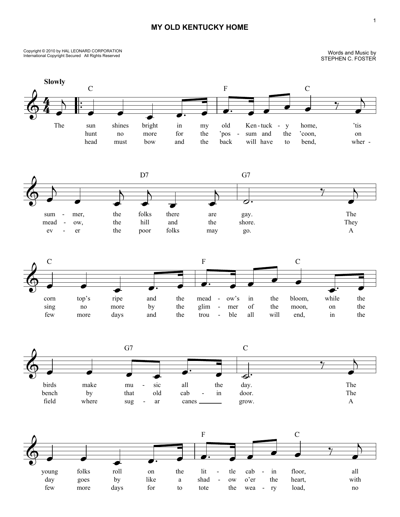 Stephen C. Foster My Old Kentucky Home Sheet Music Notes & Chords for Guitar Tab - Download or Print PDF