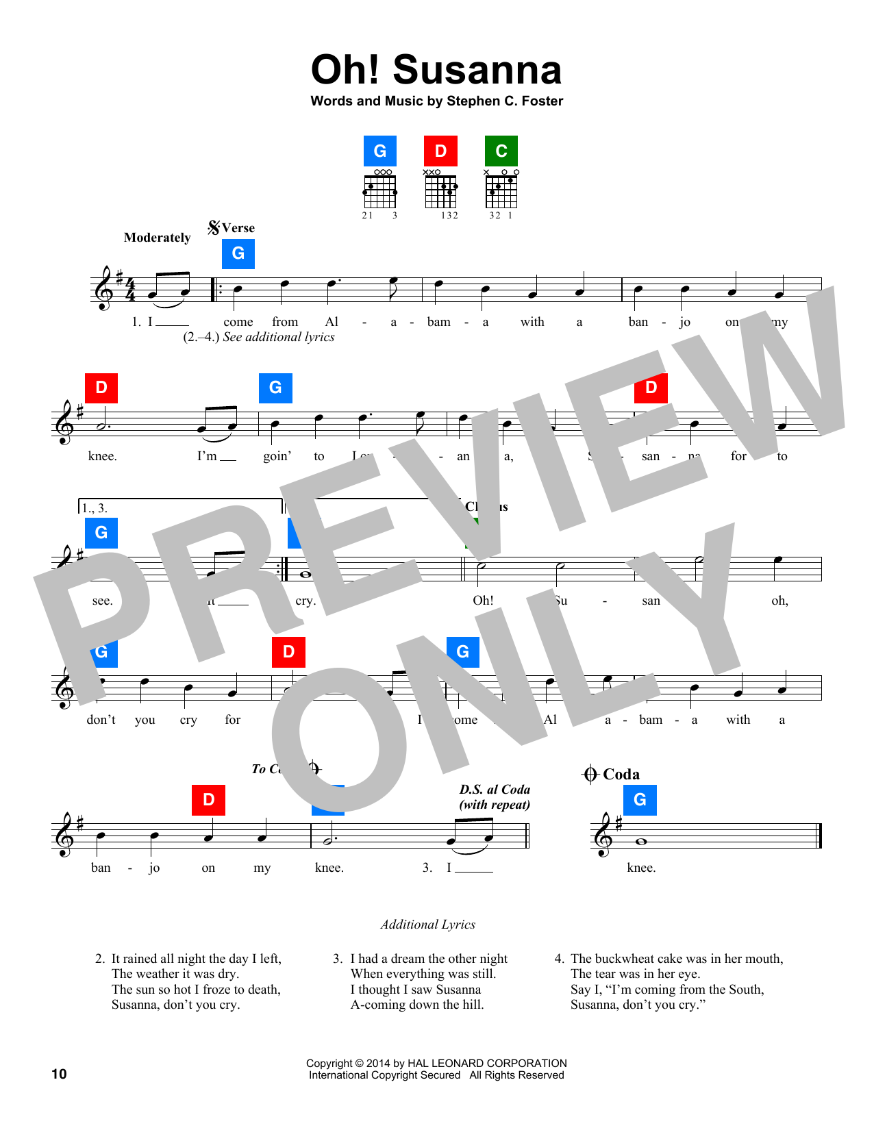 Stephen C. Foster Oh! Susanna Sheet Music Notes & Chords for Piano, Vocal & Guitar Chords (Right-Hand Melody) - Download or Print PDF
