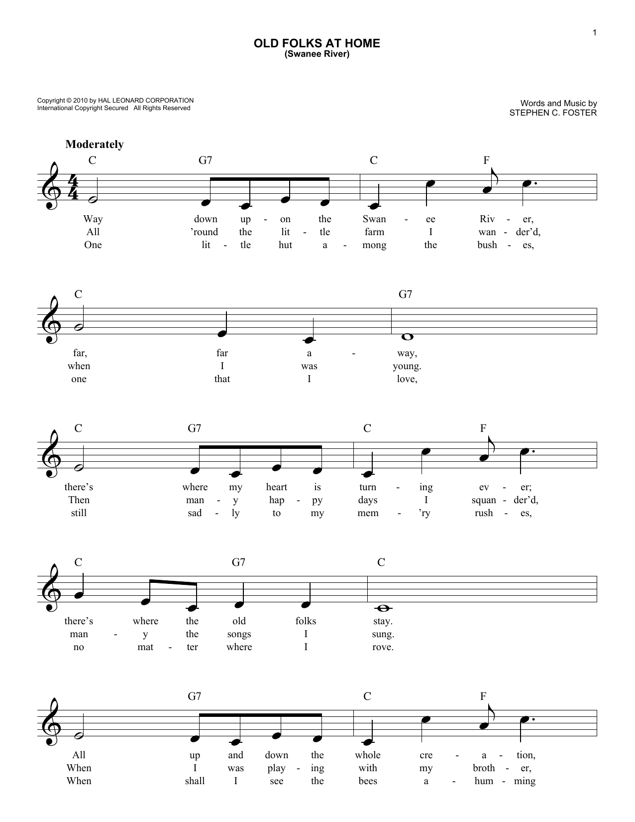 Stephen C. Foster Old Folks At Home (Swanee River) Sheet Music Notes & Chords for Very Easy Piano - Download or Print PDF