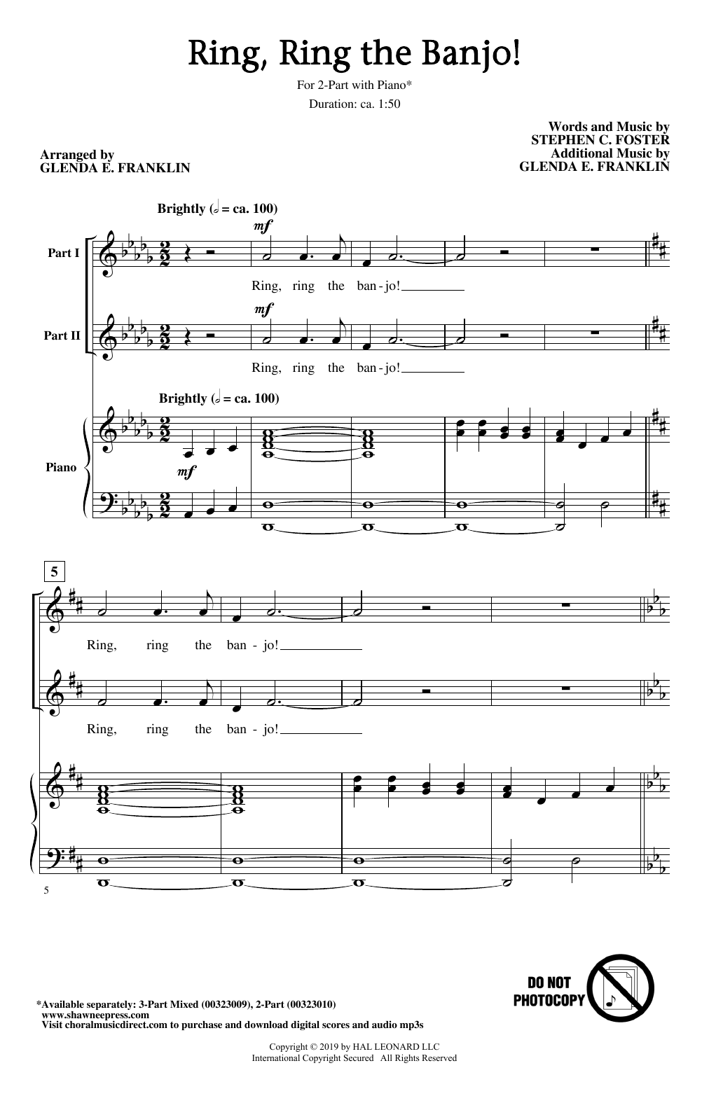 Stephen C. Foster Ring, Ring The Banjo! (arr. Glenda E. Franklin) Sheet Music Notes & Chords for 2-Part Choir - Download or Print PDF
