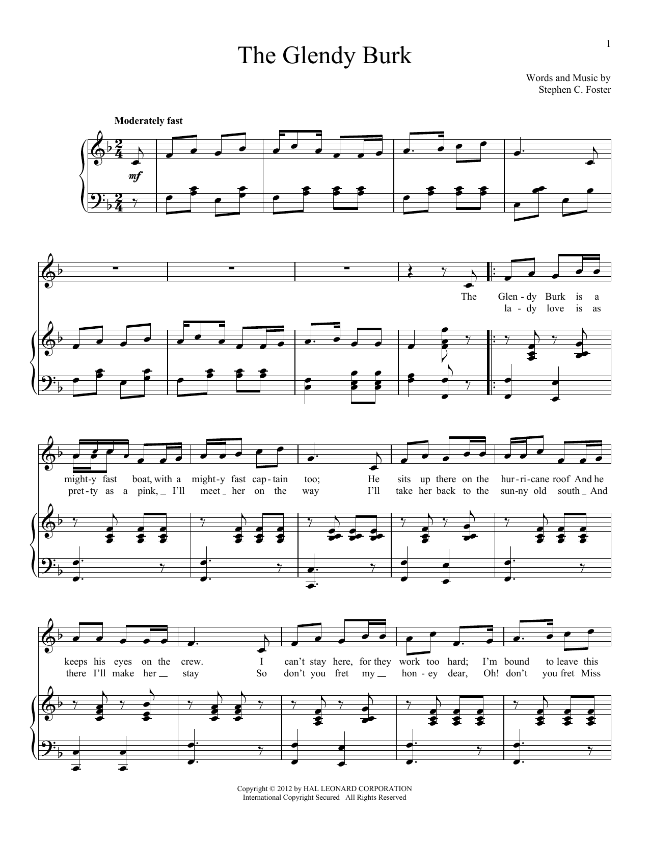 Stephen C. Foster The Glendy Burk Sheet Music Notes & Chords for Vocal Duet - Download or Print PDF