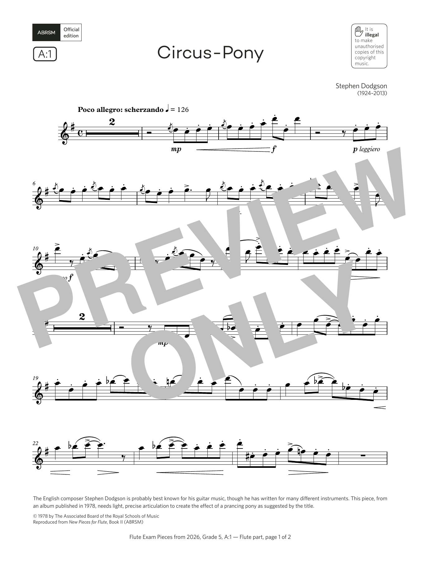 Stephen Dodgson Circus-Pony (Grade 5, list A1, from the ABRSM Flute Syllabus from 2026) Sheet Music Notes & Chords for Flute Solo - Download or Print PDF Stephen Dodgson Circus-Pony (Grade 5, list A1, from the ABRSM Flute Syllabus from 2026) Sheet Music Notes & Chords for Flute Solo - Download or Print PDF