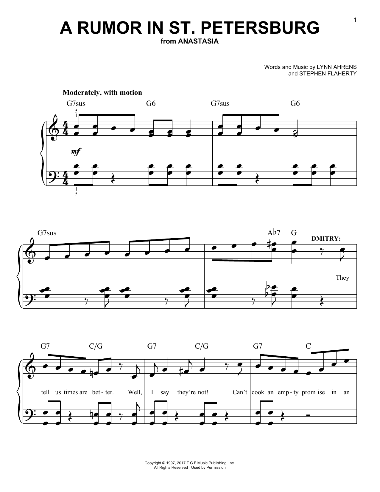 Stephen Flaherty A Rumor In St. Petersburg (from Anastasia) Sheet Music Notes & Chords for Easy Piano - Download or Print PDF