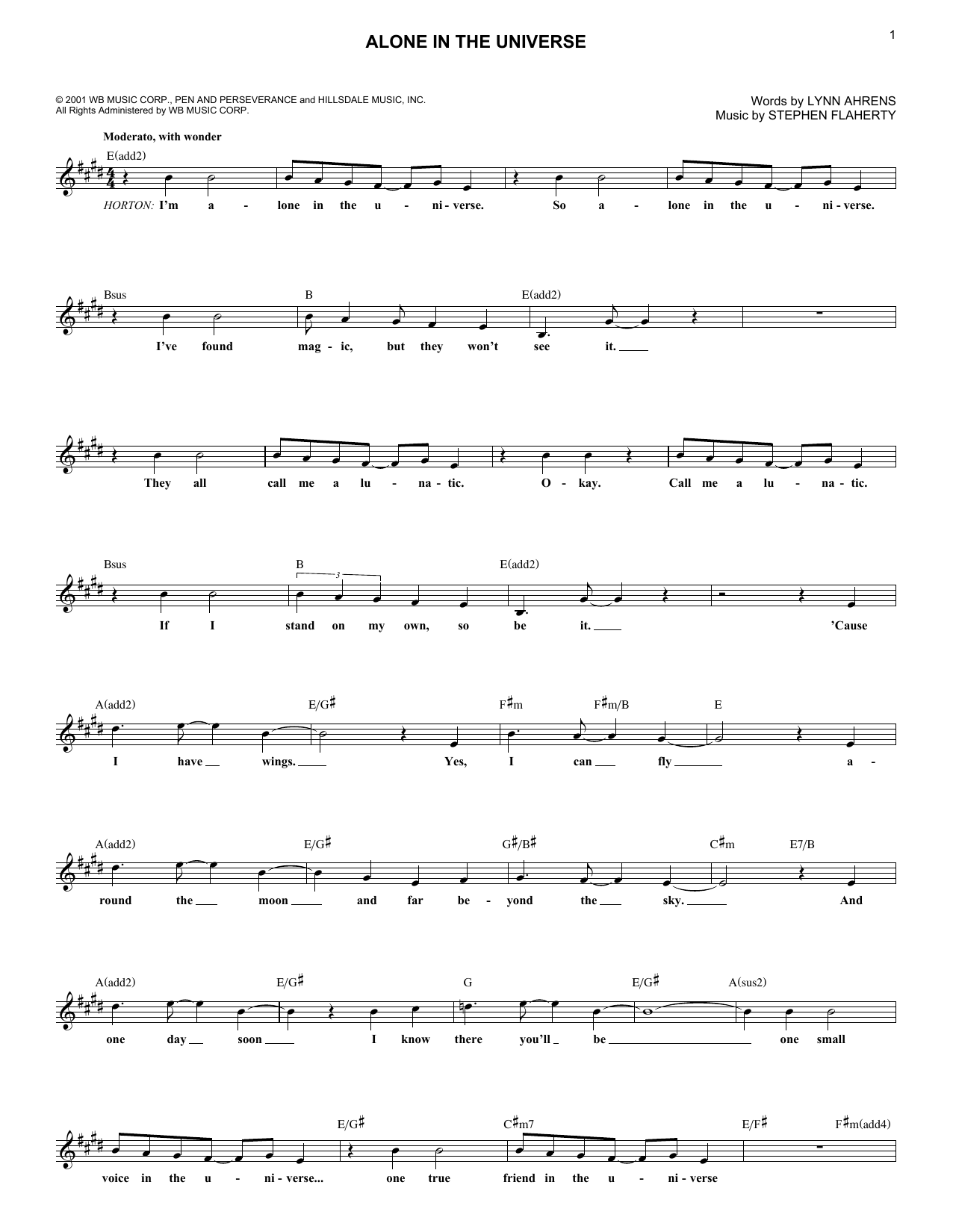 Stephen Flaherty Alone In The Universe Sheet Music Notes & Chords for Melody Line, Lyrics & Chords - Download or Print PDF