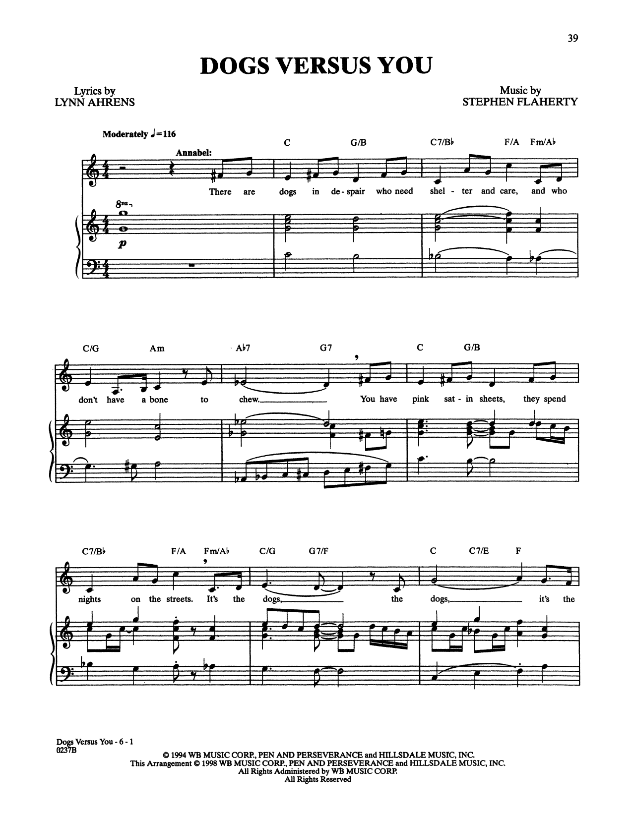 Stephen Flaherty and Lynn Ahrens Dogs Versus You (from Lucky Stiff) Sheet Music Notes & Chords for Piano & Vocal - Download or Print PDF