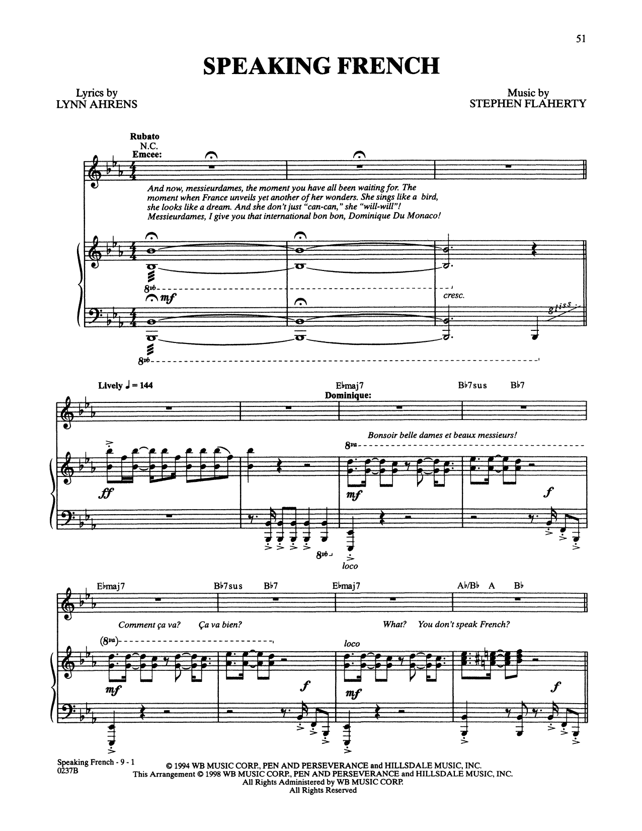 Stephen Flaherty and Lynn Ahrens Speaking French (from Lucky Stiff) Sheet Music Notes & Chords for Piano & Vocal - Download or Print PDF