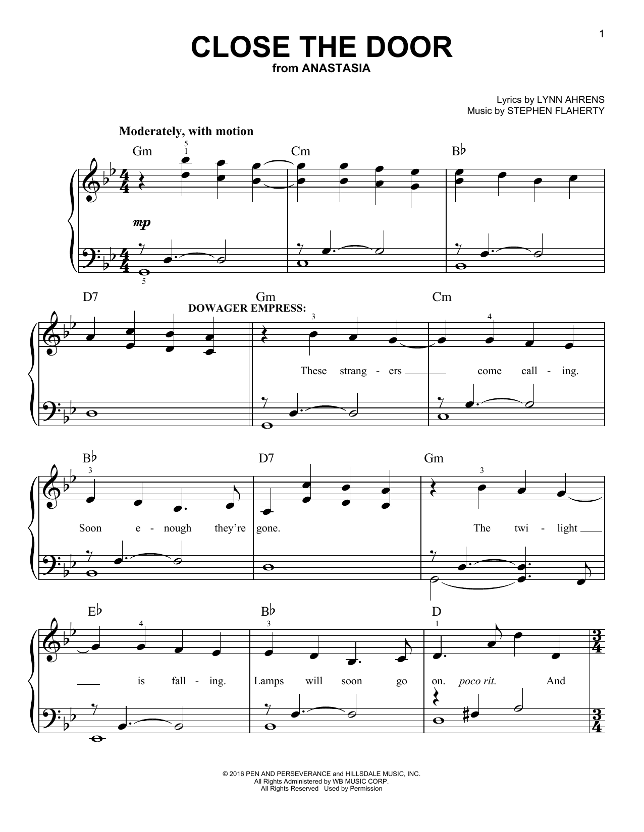 Stephen Flaherty Close The Door (from Anastasia) Sheet Music Notes & Chords for Easy Piano - Download or Print PDF