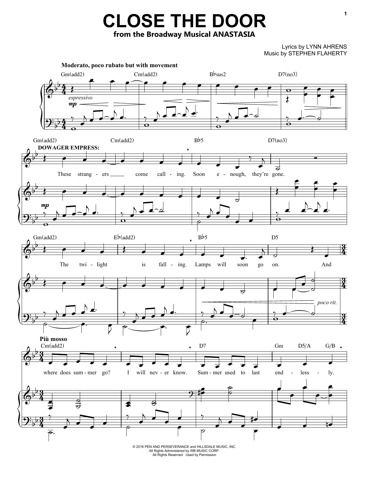Stephen Flaherty Close The Door Sheet Music Notes & Chords for Piano & Vocal - Download or Print PDF