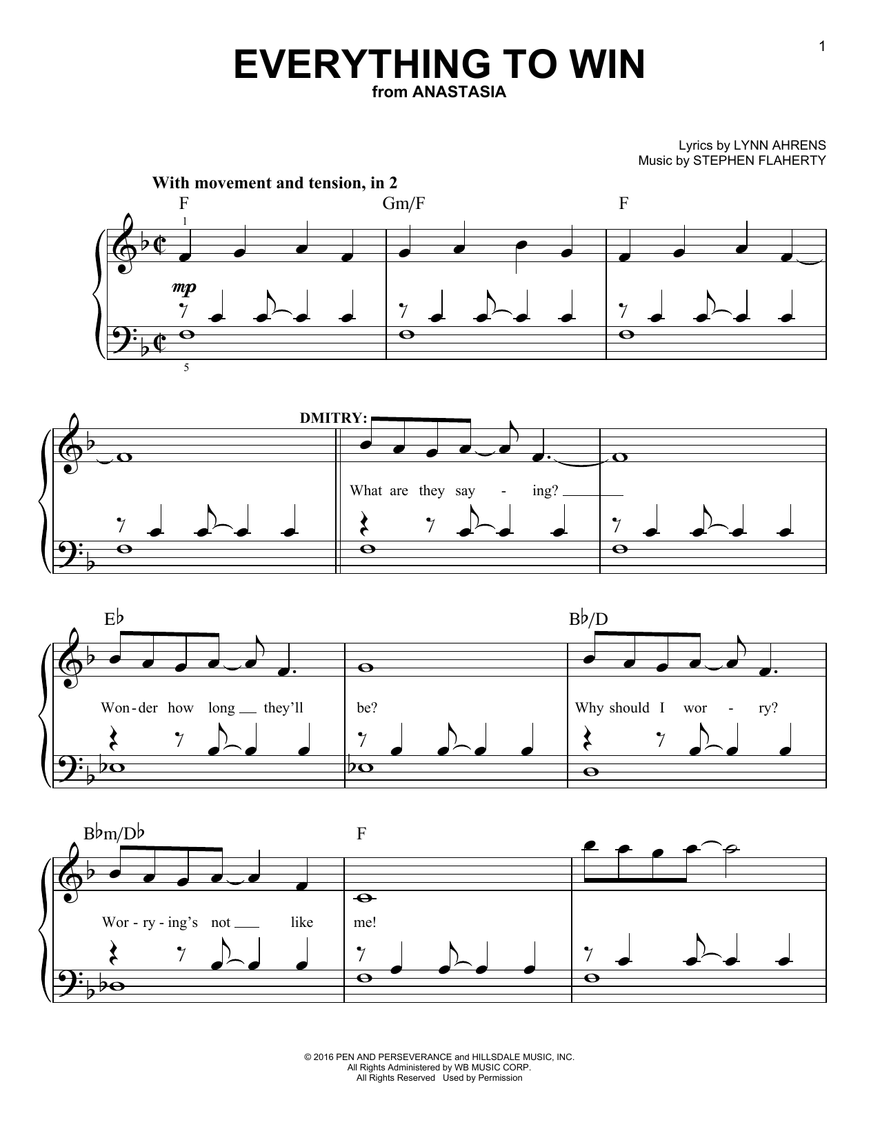 Stephen Flaherty Everything To Win (from Anastasia) Sheet Music Notes & Chords for Easy Piano - Download or Print PDF