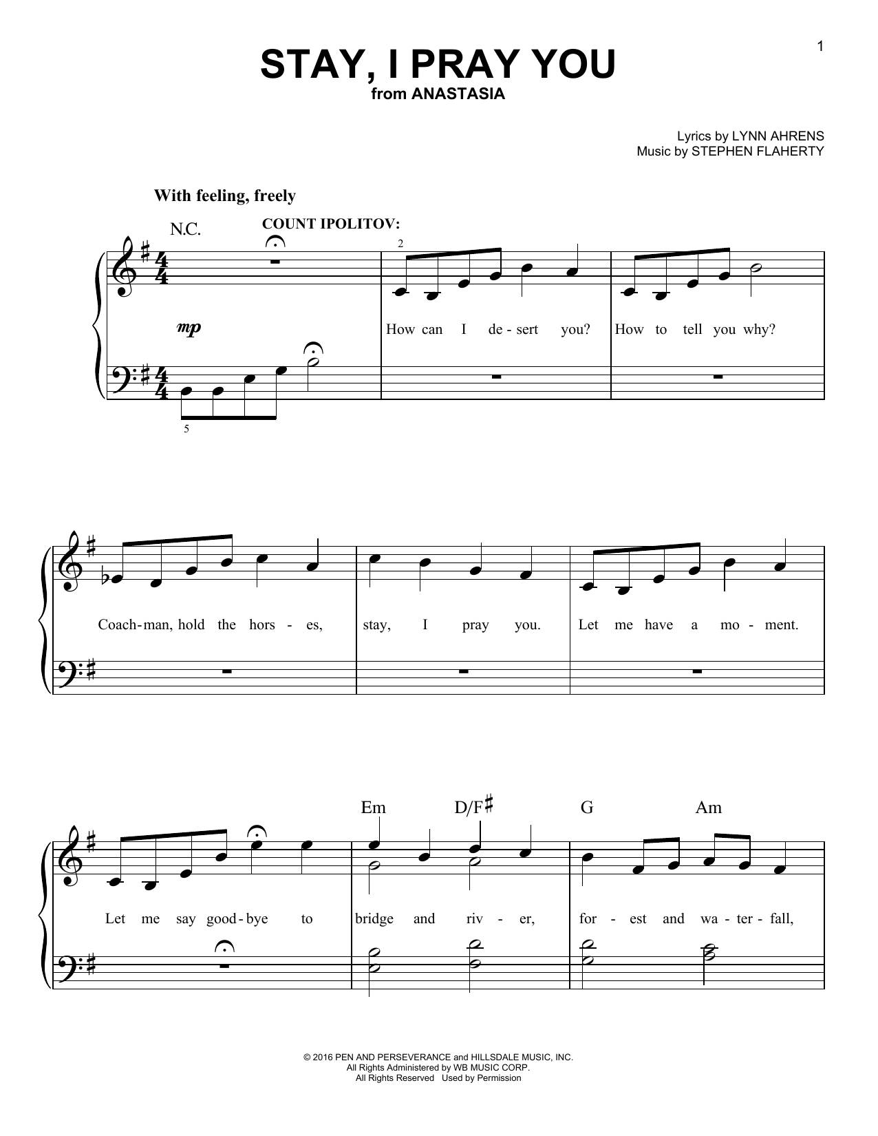 Stephen Flaherty Stay, I Pray You (from Anastasia) Sheet Music Notes & Chords for Easy Piano - Download or Print PDF