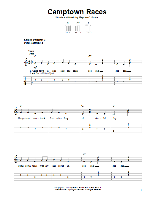 Stephen Foster Camptown Races Sheet Music Notes & Chords for Easy Guitar Tab - Download or Print PDF
