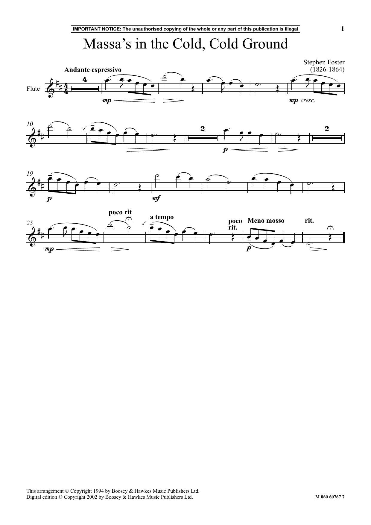 Stephen Foster Massa's In The Cold, Cold Ground Sheet Music Notes & Chords for Instrumental Solo - Download or Print PDF