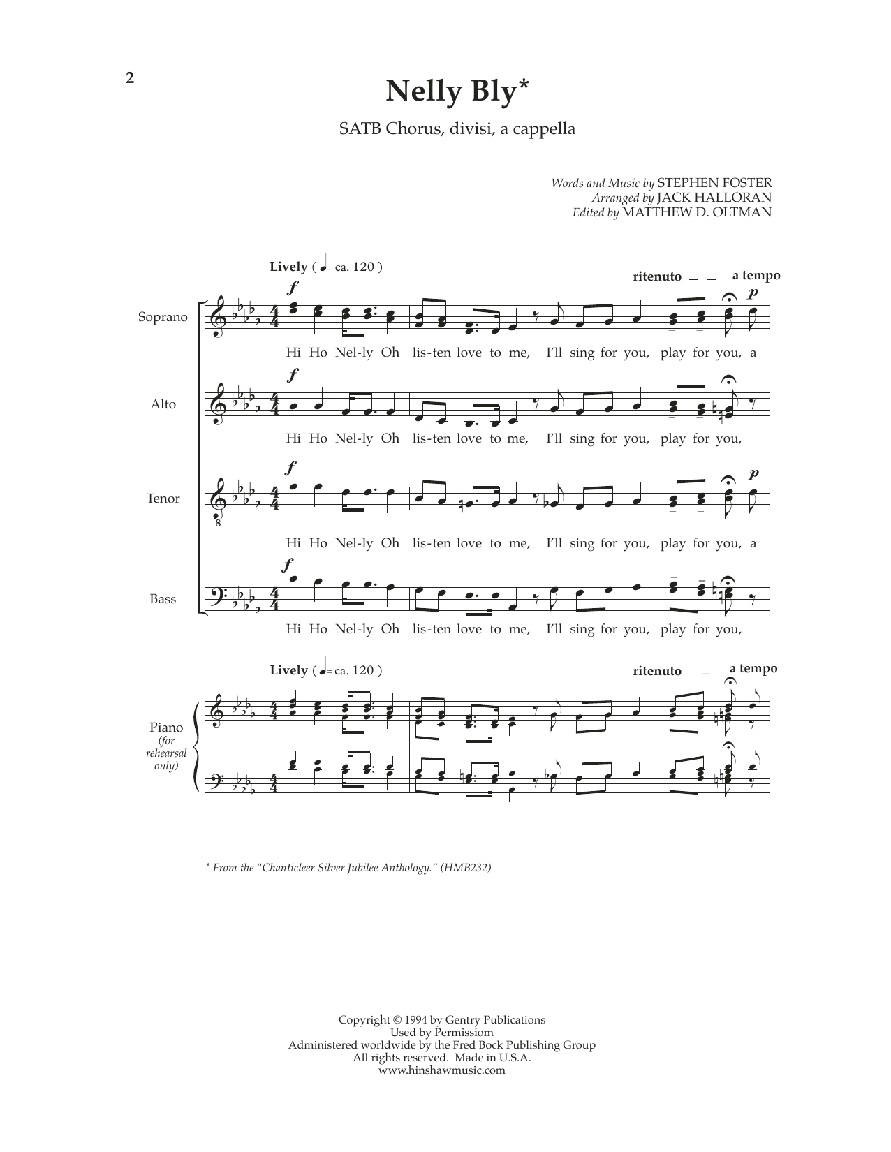 Stephen Foster Nelly Bly (arr. Jack Hallaran) Sheet Music Notes & Chords for SATB Choir - Download or Print PDF