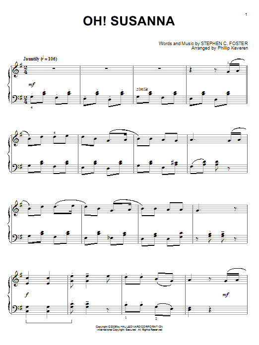 Stephen Foster Oh! Susanna Sheet Music Notes & Chords for Piano - Download or Print PDF