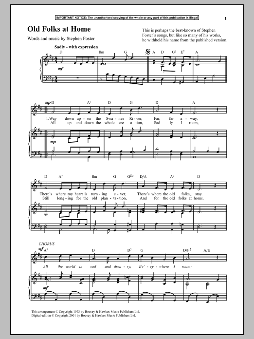 Stephen Foster Old Folks At Home Sheet Music Notes & Chords for Piano - Download or Print PDF