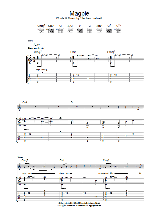 Stephen Fretwell Magpie Sheet Music Notes & Chords for Guitar Tab - Download or Print PDF