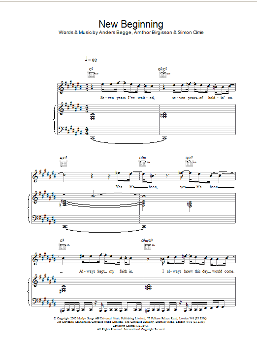 Stephen Gately New Beginning Sheet Music Notes & Chords for Piano, Vocal & Guitar (Right-Hand Melody) - Download or Print PDF