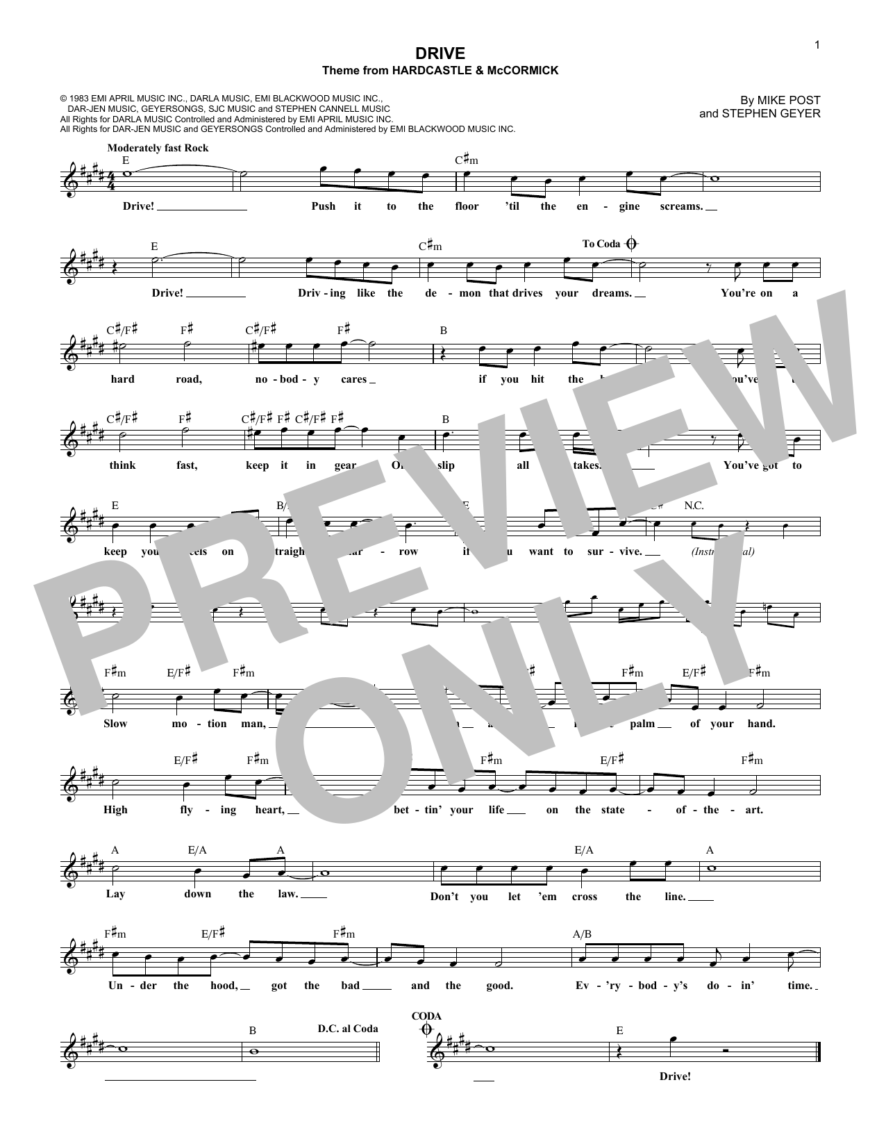 Stephen Geyer Drive Sheet Music Notes & Chords for Melody Line, Lyrics & Chords - Download or Print PDF
