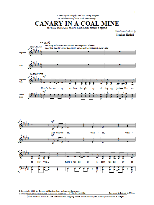 Stephen Hatfield Canary In A Coal Mine Sheet Music Notes & Chords for SSA, SATB - Download or Print PDF