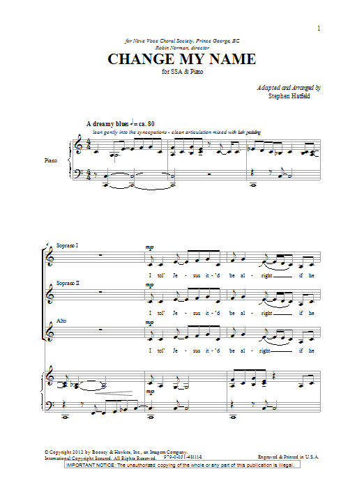Stephen Hatfield Change My Name Sheet Music Notes & Chords for SSA - Download or Print PDF
