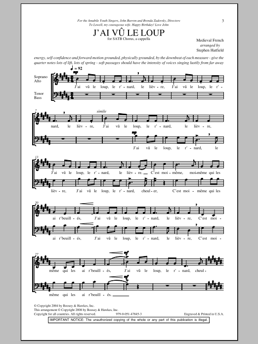 Stephen Hatfield J'ai Vu Le Loup Sheet Music Notes & Chords for SATB - Download or Print PDF