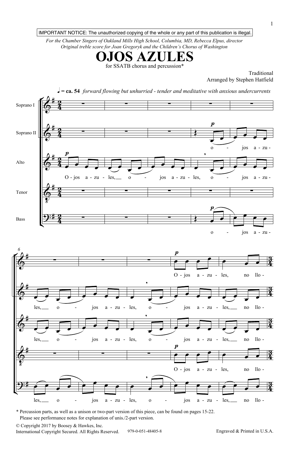 Stephen Hatfield Ojos Azulas Sheet Music Notes & Chords for SATB - Download or Print PDF