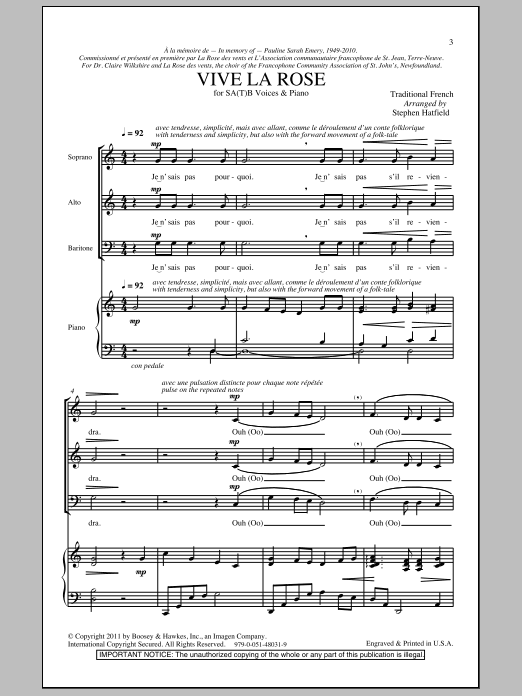 Stephen Hatfield Vive La Rose Sheet Music Notes & Chords for SSA - Download or Print PDF