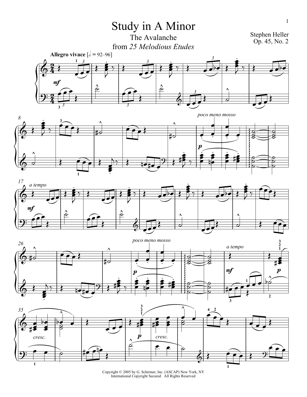 Stephen Heller Avalanche, Op. 45, No. 2 Sheet Music Notes & Chords for Piano - Download or Print PDF