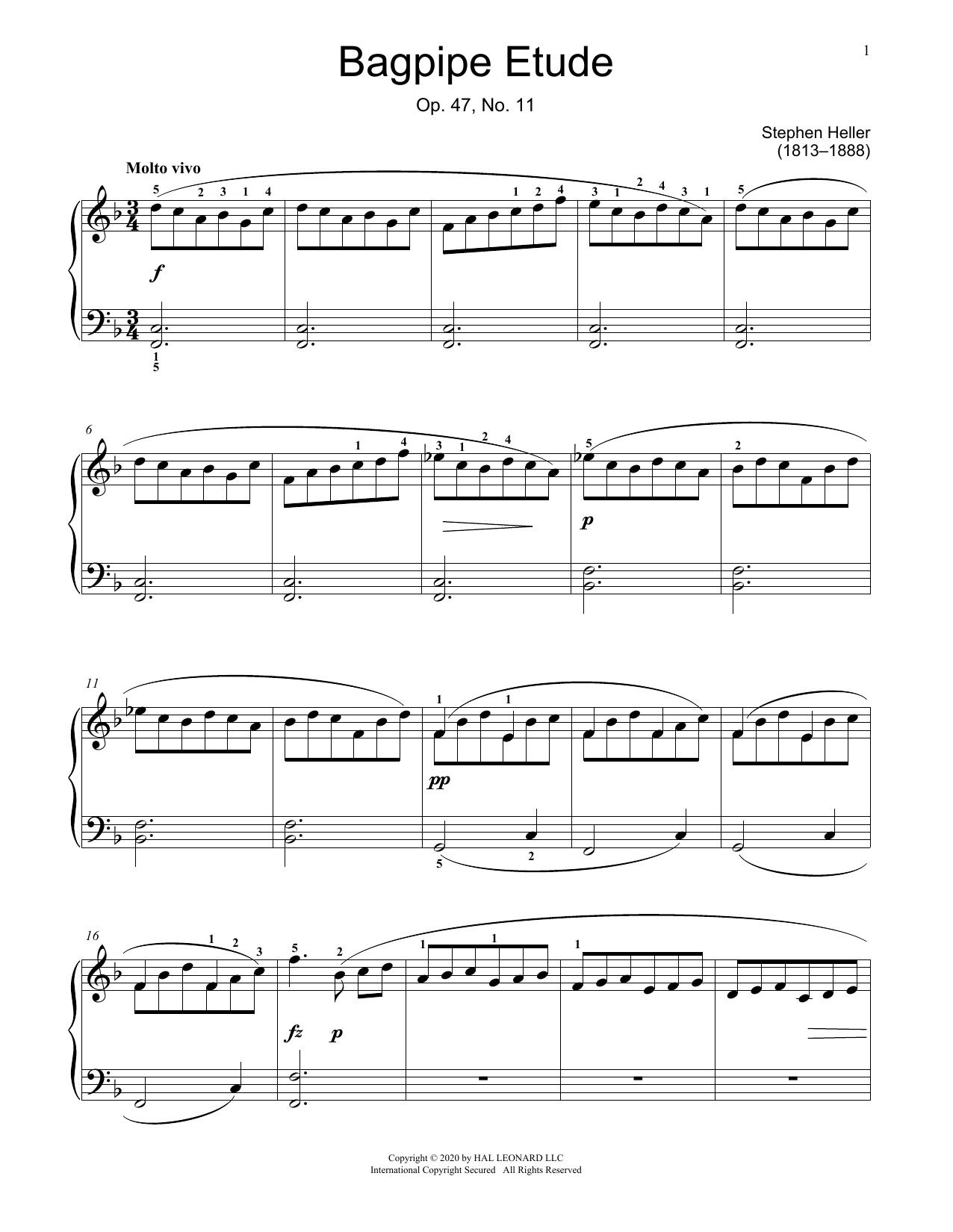 Stephen Heller Bagpipe Etude, Op. 47, No. 11 Sheet Music Notes & Chords for Educational Piano - Download or Print PDF