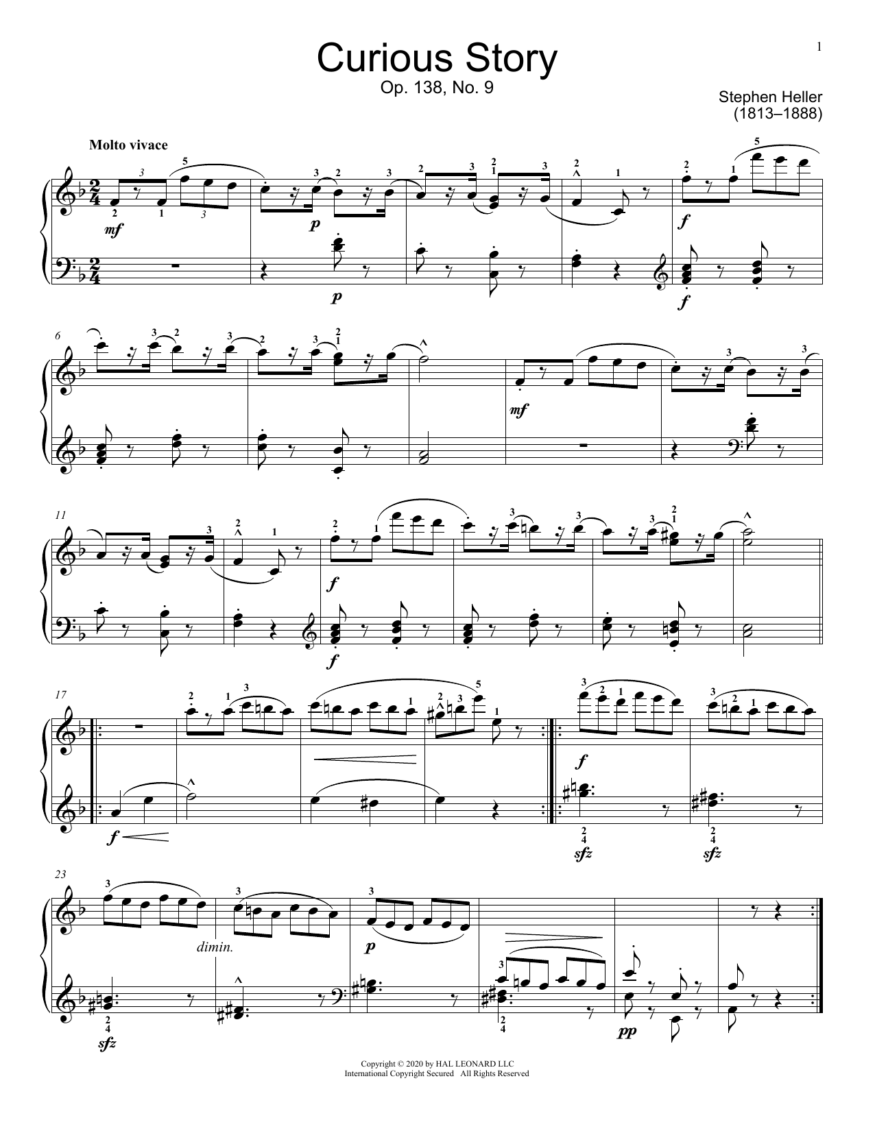 Stephen Heller Curious Story, Op. 138, No. 9 Sheet Music Notes & Chords for Educational Piano - Download or Print PDF