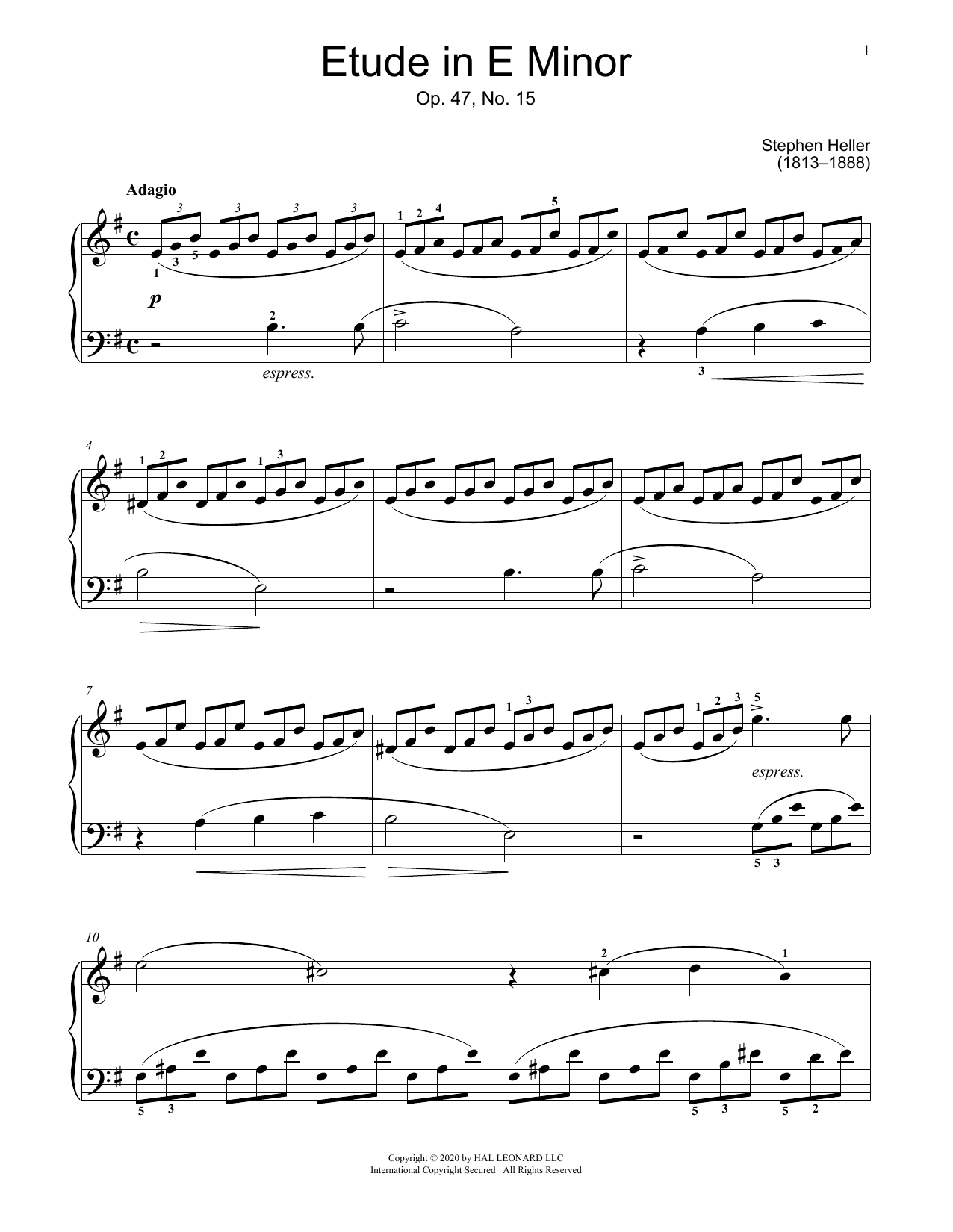 Stephen Heller Etude In E Minor, Op. 47, No. 15 Sheet Music Notes & Chords for Educational Piano - Download or Print PDF