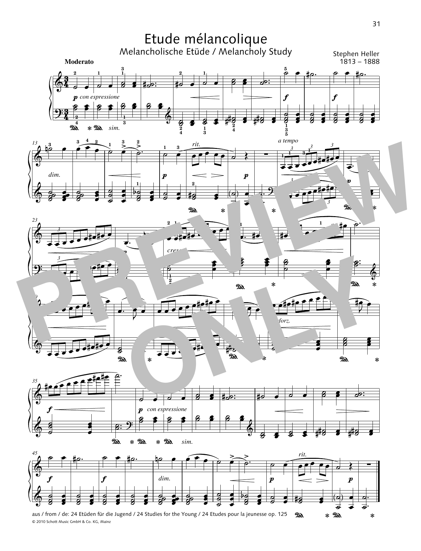 Stephen Heller Melancholy Study Sheet Music Notes & Chords for Piano Solo - Download or Print PDF
